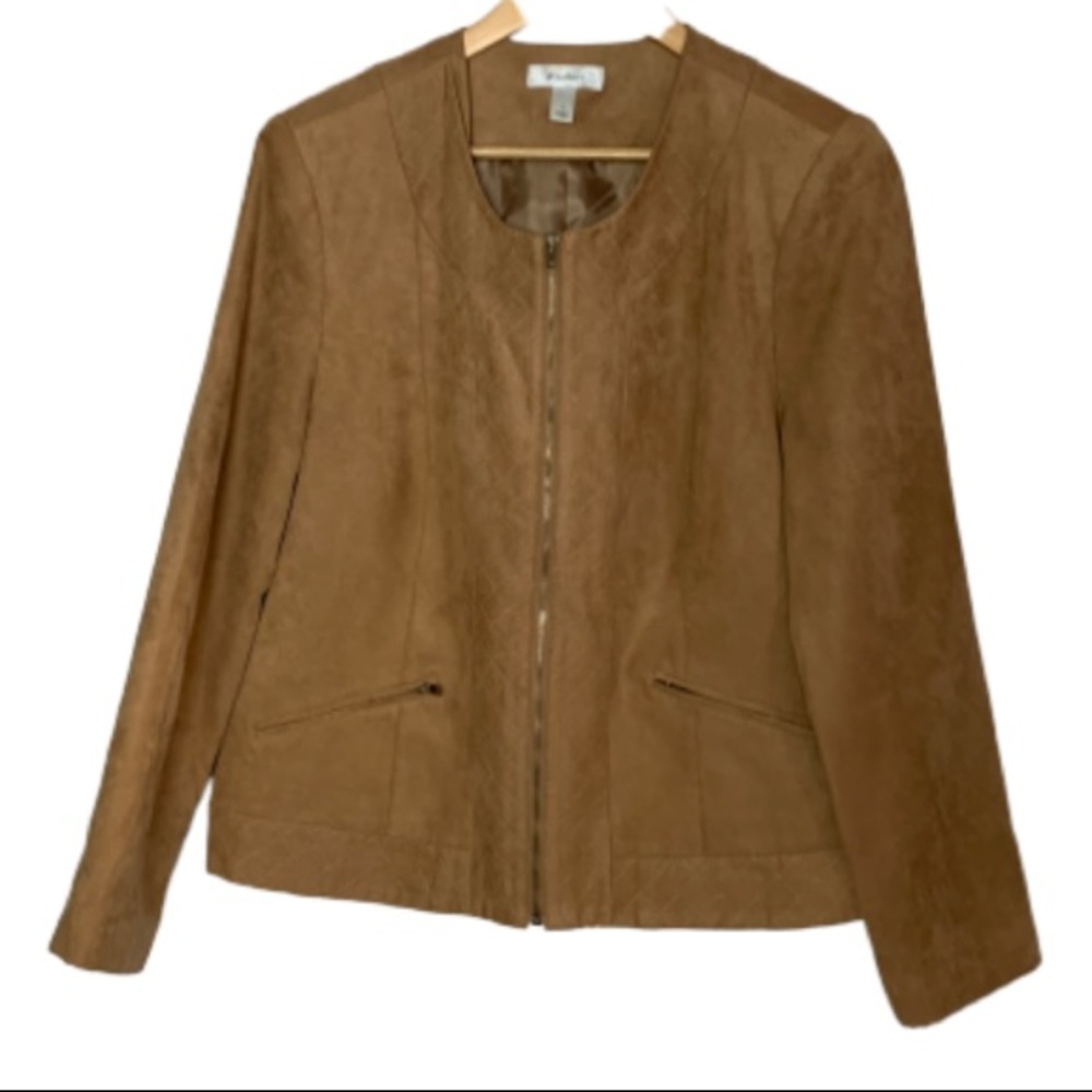 Dressbarn Vegan Faux Suede Coat Jacket Tan Round Neck Zip Close EUC Large L😍